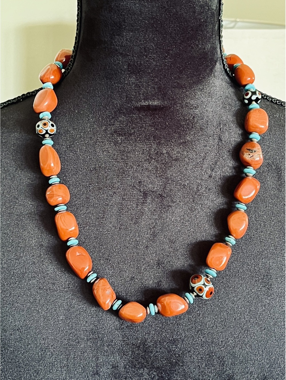 Handmade Brownish Orange and Turquoise Stone Beaded Necklace